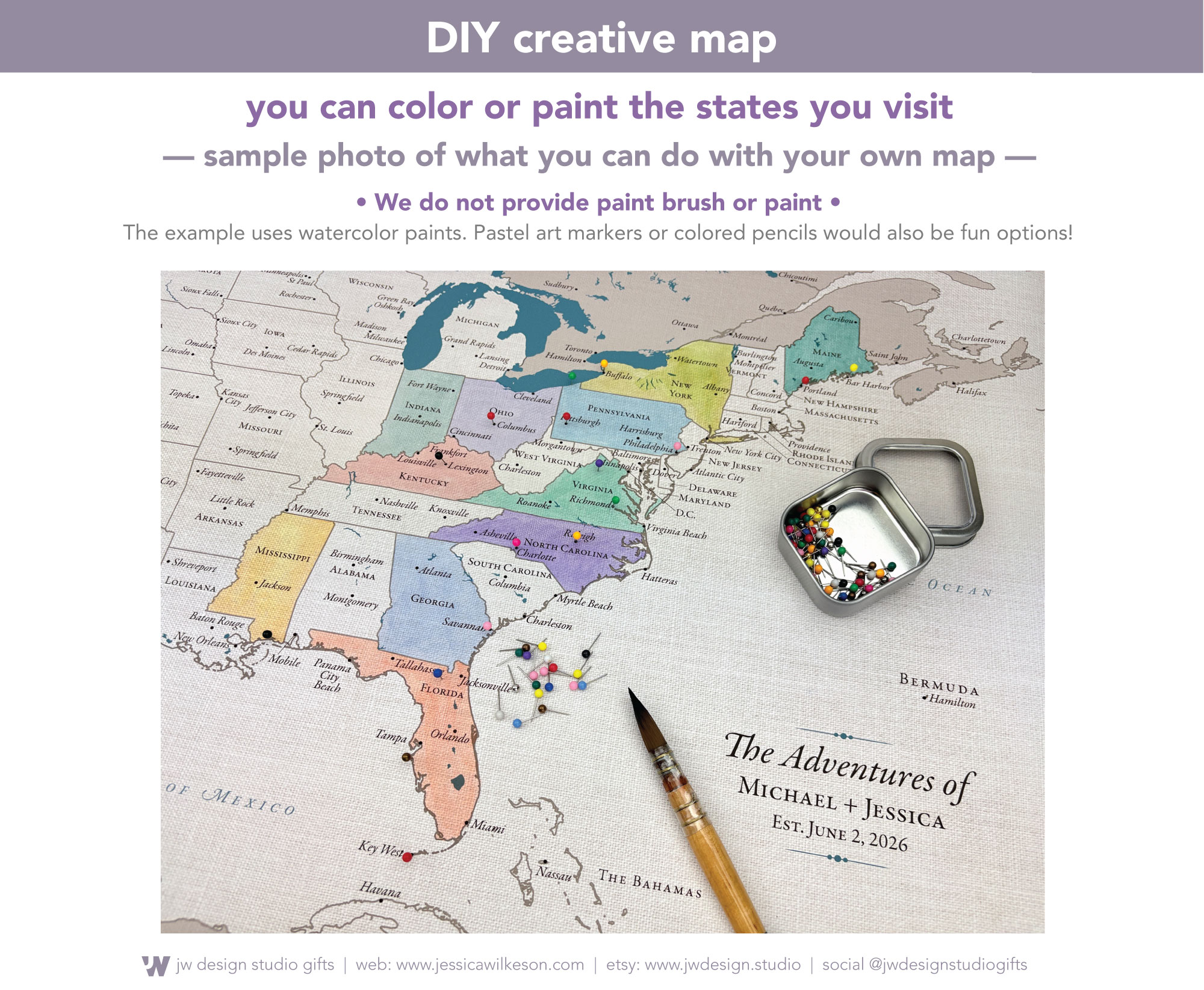 DIY creative map, you can color or paint the states you visit on this unique push pin USA travel map. Available personalized and comes with 100 map pins.