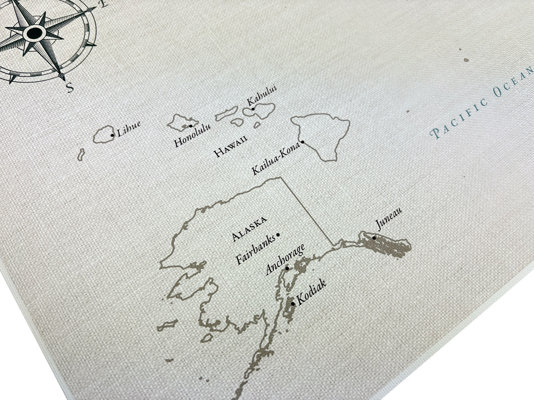 Alaska and Hawaii call out area on a cotton United States push pin travel map by JW Design Studio Gifts