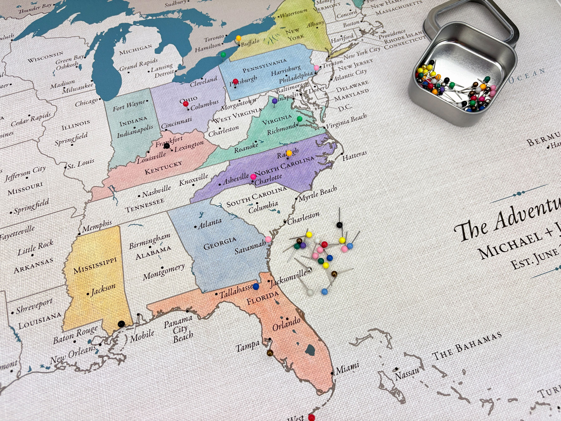 A 100% cotton USA push pin travel map that you can watercolor paint or color in the states you visit.