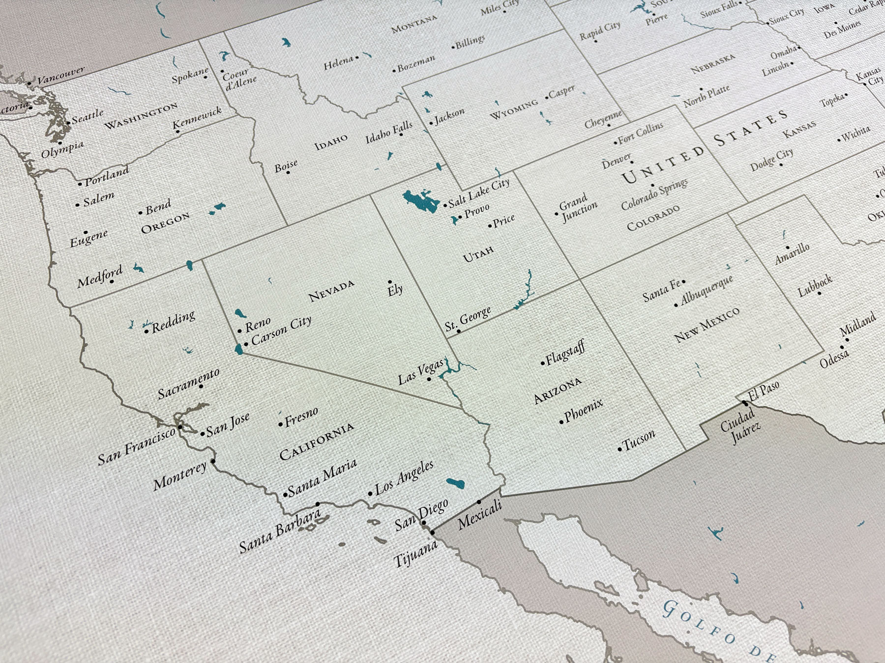 The West Coast portion of a United States push pin travel map printed on 100% cotton canvas