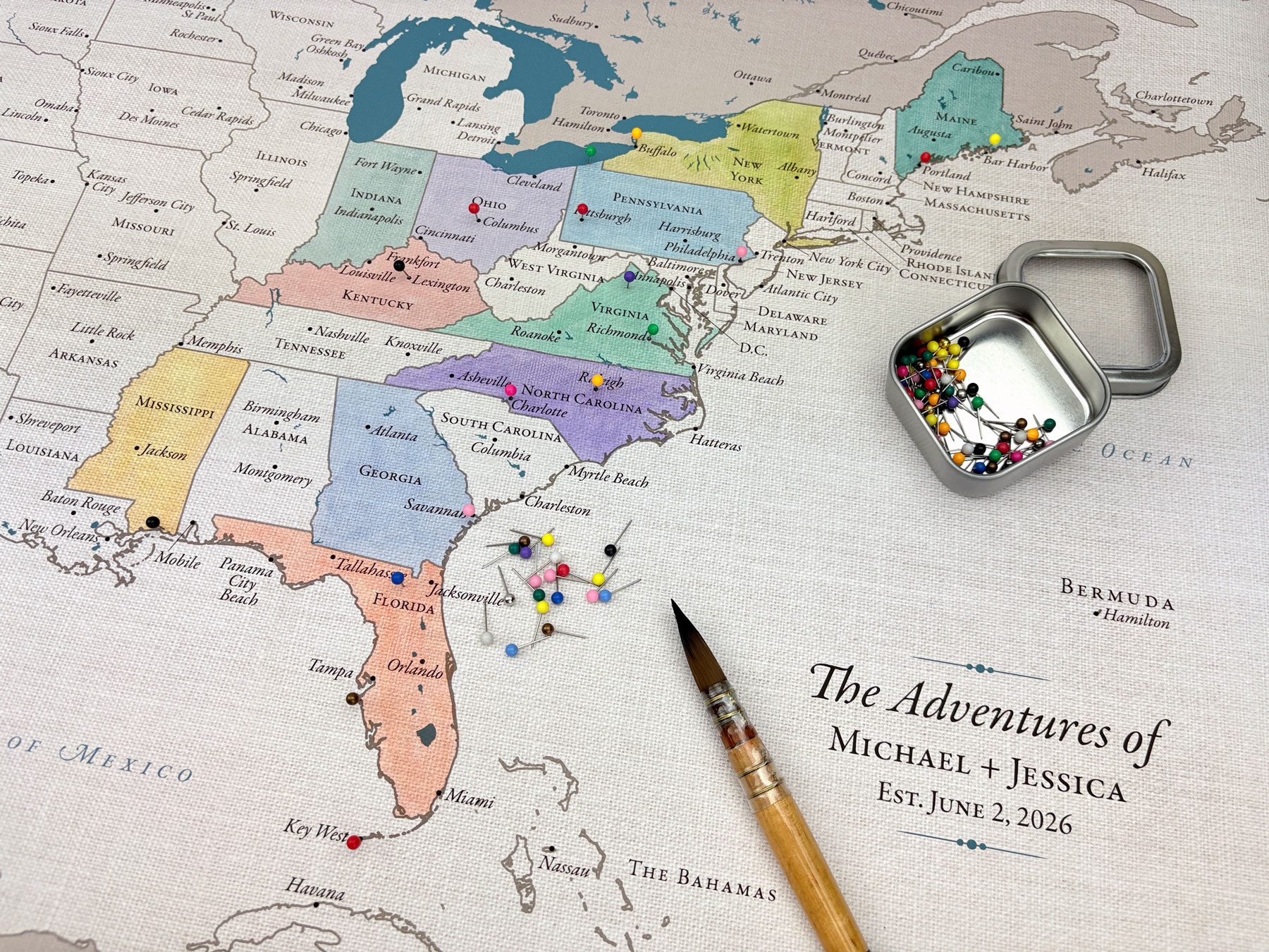 A unique personalized USA push pin travel map to track your travels. Color or paint in the states visited and add map pins on specific cities and towns across the country.