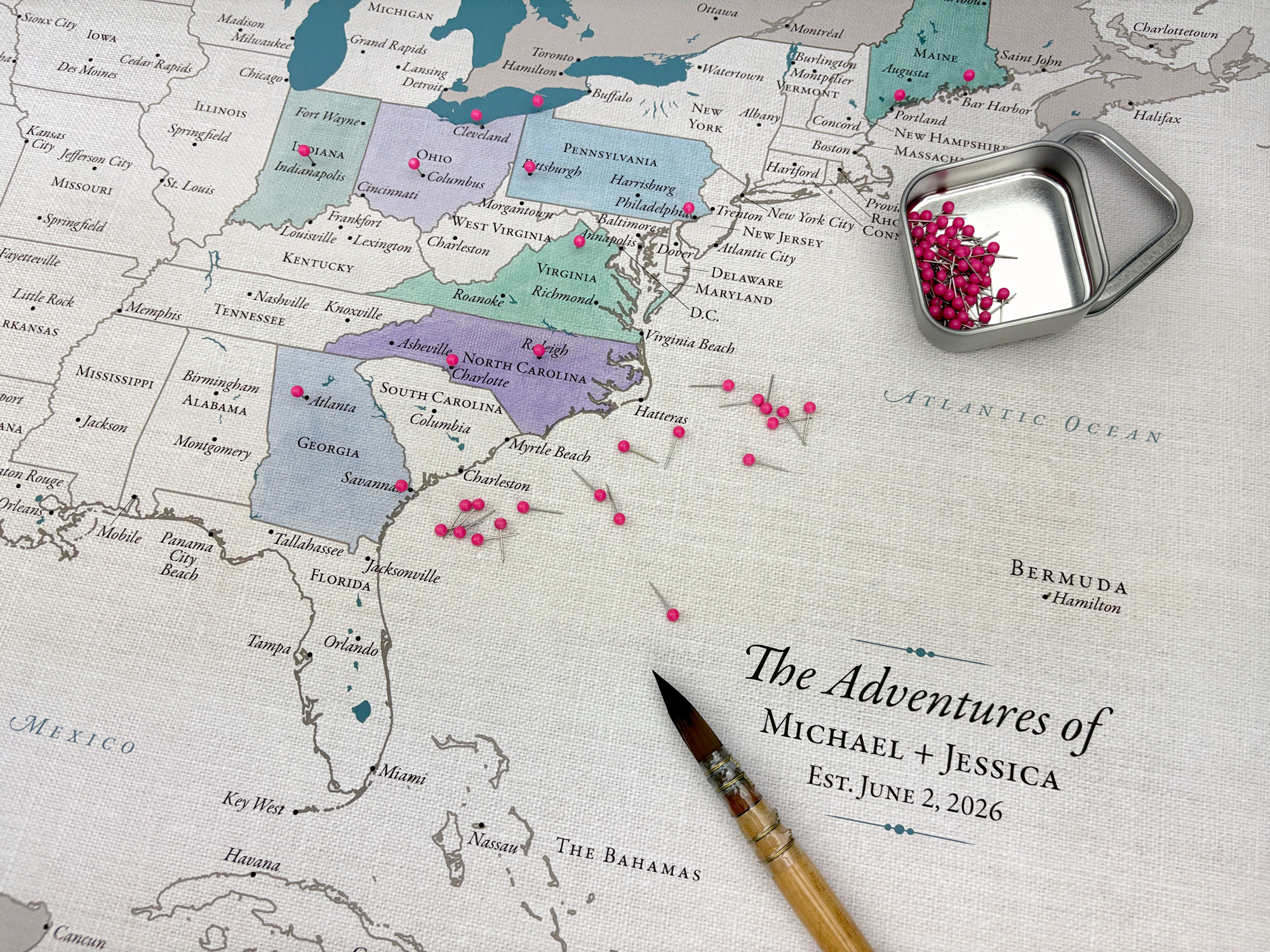A watercolor paint map to track your travels in a unique way. Printed on 100% cotton canvas and personalized.