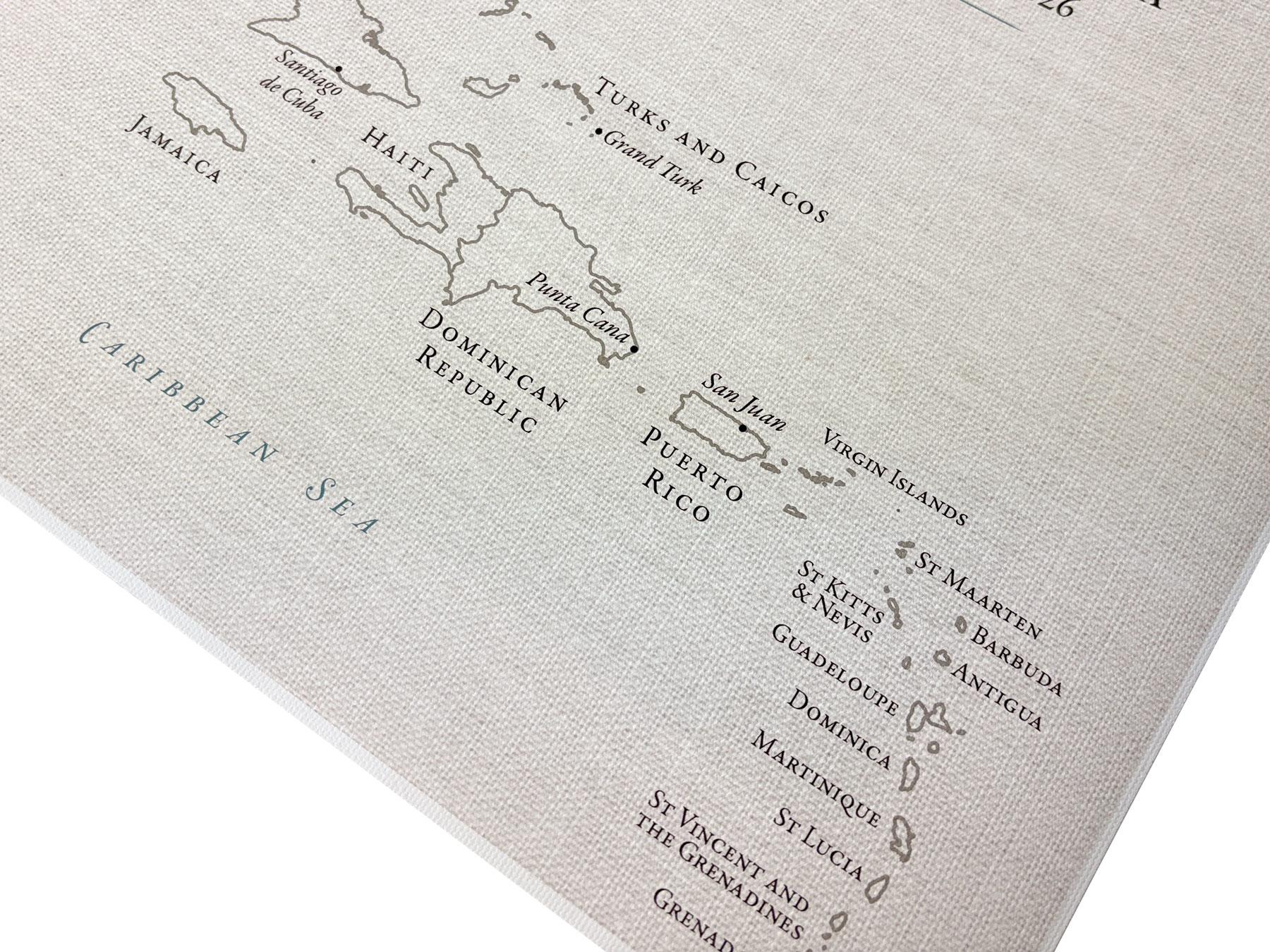 Close-up of USA travel map printed on 100% cotton canvas showing detailed Caribbean islands and professional map printing