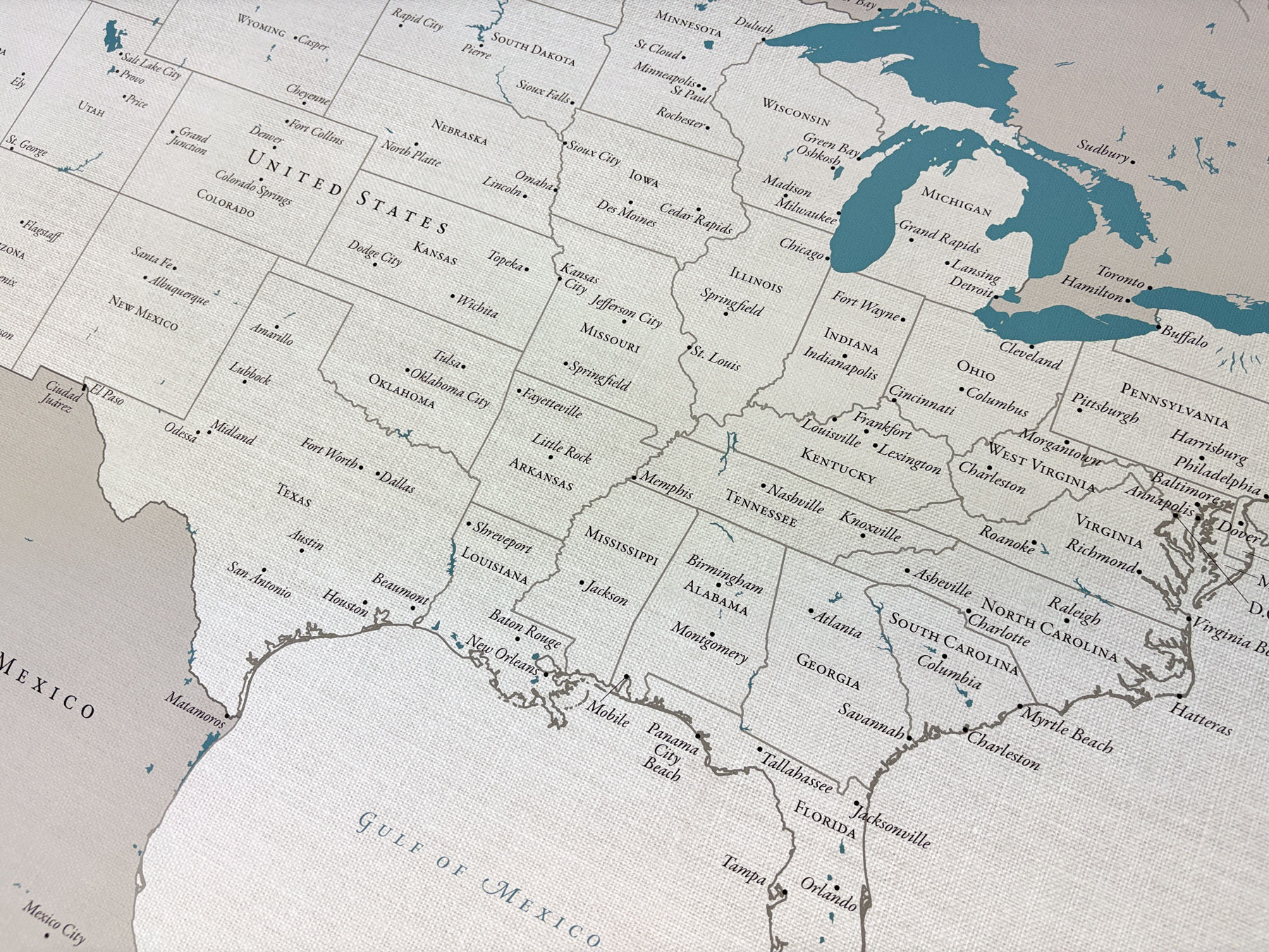 Close-up of USA push pin travel map showing detailed map design, crisp printing, and textured 100% cotton canvas