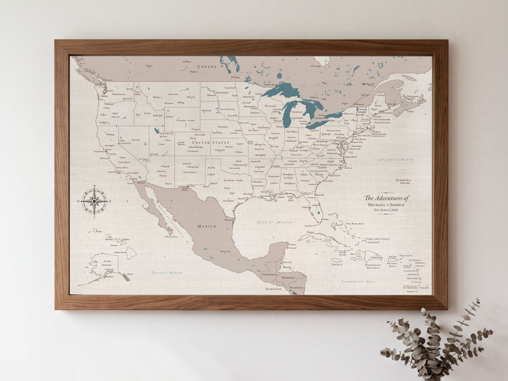 Framed personalized USA push pin travel map on a wall, featuring 100% cotton canvas ready for watercolor painting and marking travels with pins